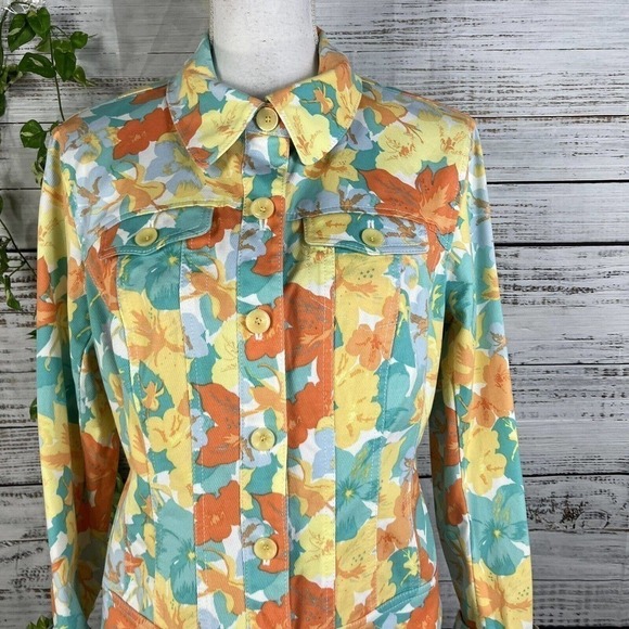 Nicole Miller Denim Jean Jacket size 12 Orange Yellow Floral Pockets Stretch - Picture 2 of 11